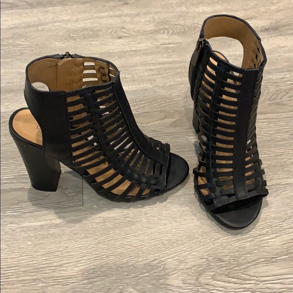 Black Caged Chunky High Heel Sandals